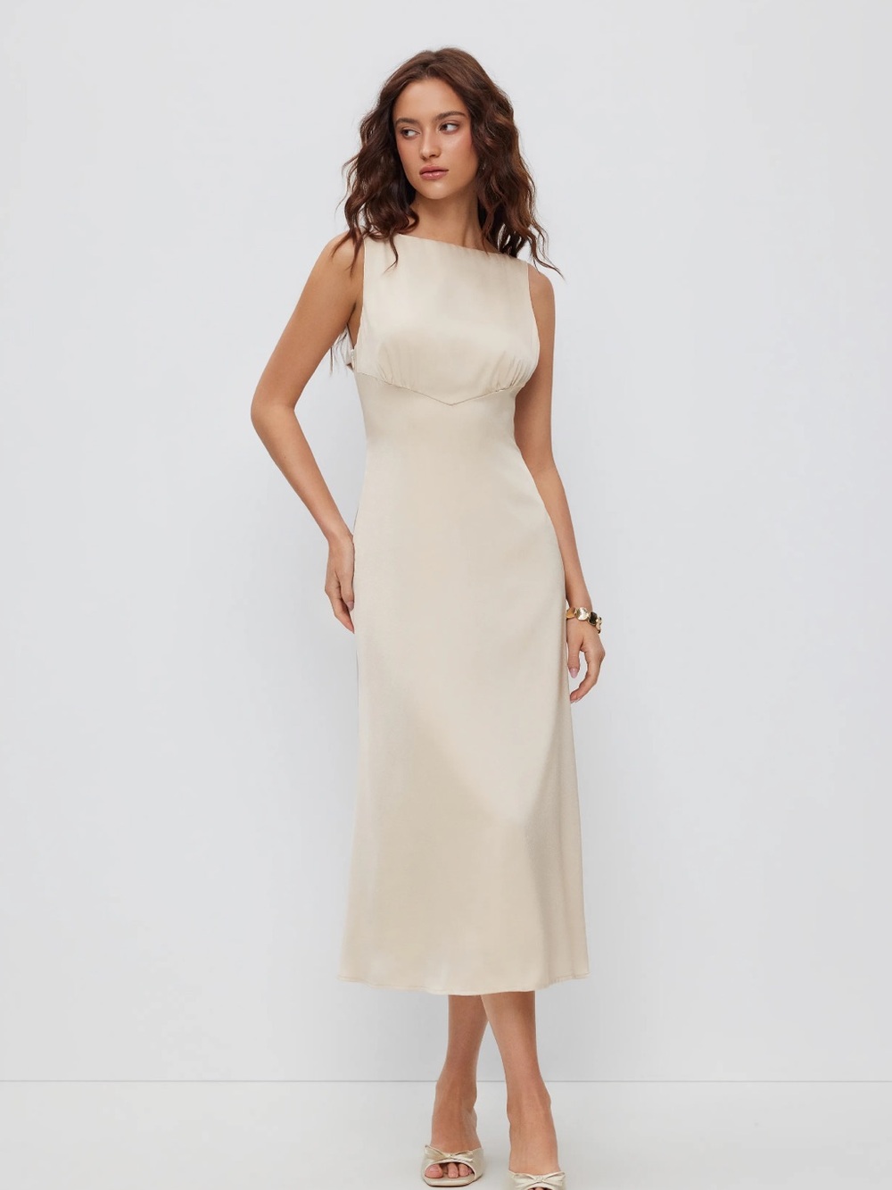 NWT CIDER SATIN BOAT NECK BACKLESS BOWKNOT RUCHED A-LINE MIDI DRESS